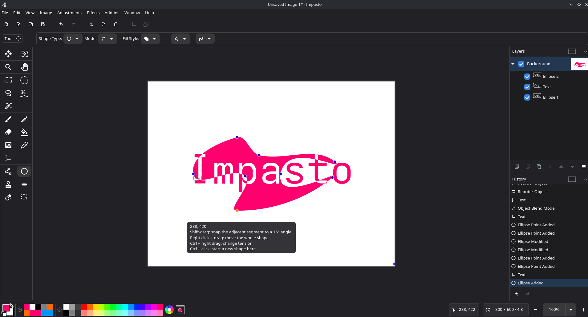 Impasto with shapes and text kept as editable objects, each with its own undo history