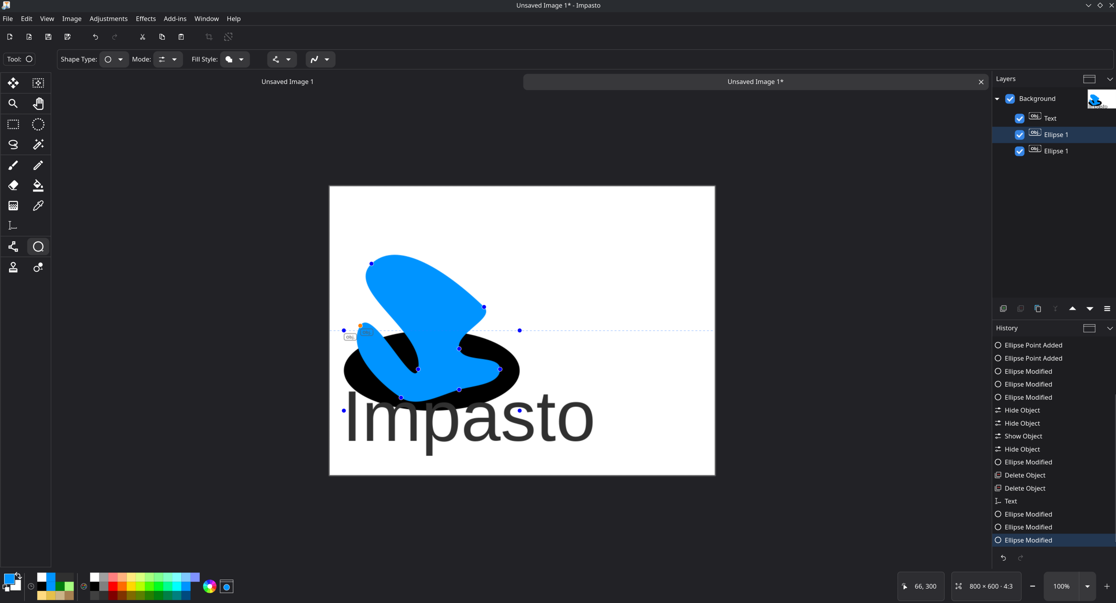 Impasto showing a shape control point snapping to a drawn guide on the canvas