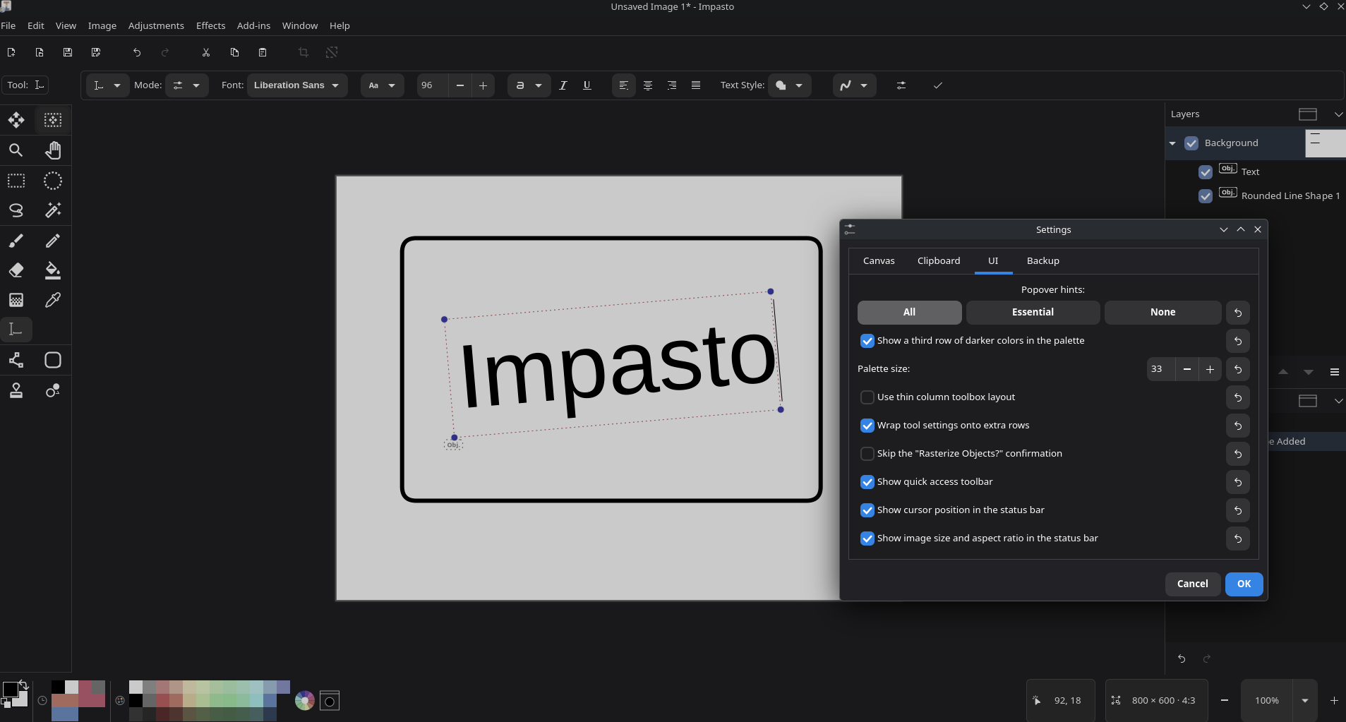 Impasto text tool with the UI preferences dialog open